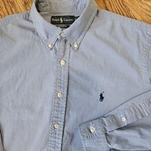 Ralph Lauren Shirt Plaid Check Button‎ Down Front Blue White Size 17 34/35